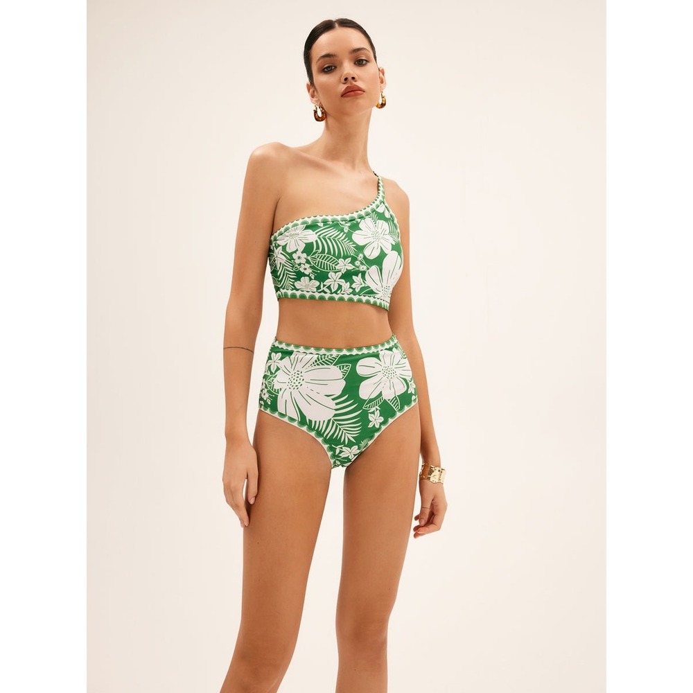 Commense Floral One Shoulder High Waist Bikini Set Green White Swimsuit M